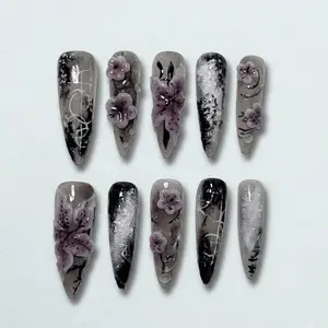 Gothic Floral Press On Nails | Black Grey Marble, 3D Purple Flowers, Ink Art Stiletto