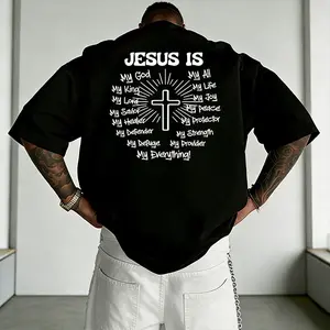 Men’s “Jesus Is My Everything” Christian graphic T-shirt featuring an oversized cross and scripture print; casual short-sleeve tee, perfect for church, religious events, everyday wear, and street style.