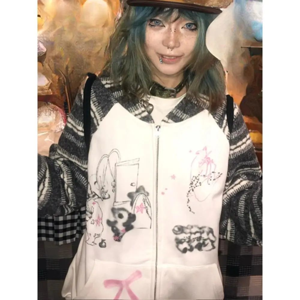 Stripe Patchwork Harajuku Hoodie Women Y2k Aesthetic Cartoon Printing Pocket Hoodies Grunge Casual Loose Sweatshirt Harajuku