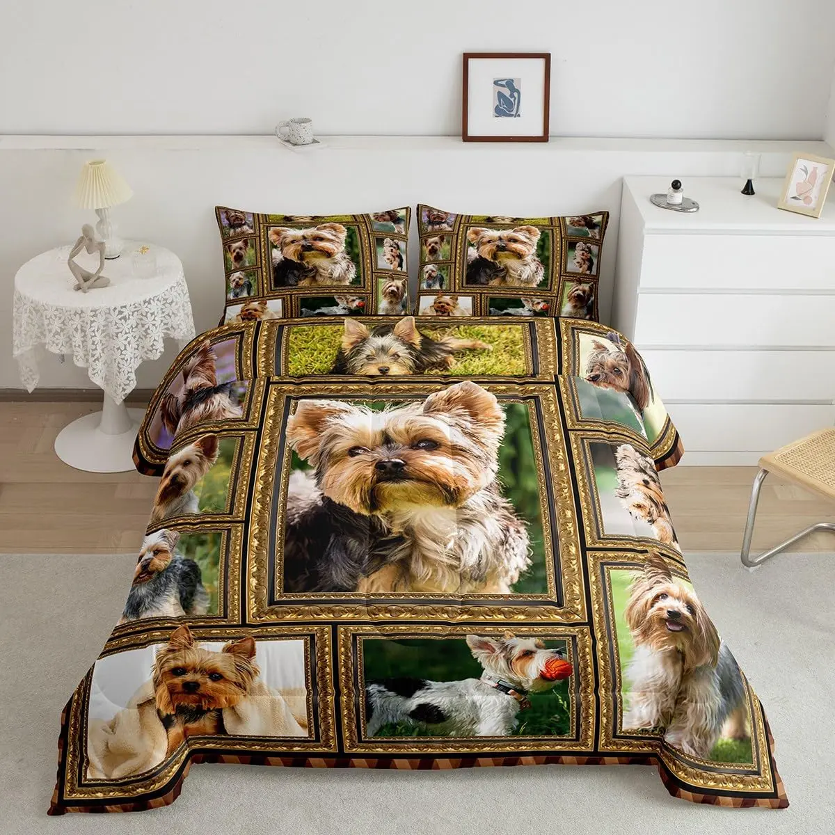Yorkshire Terrier Themed Queen Size Bed Comforter Set - Cute Dog Puppy Design, Lightweight Microfiber Quilt, Soft Decorative Bedroom Bedding Set, Luxury Gift for Yorkshire Terrier Lovers, Decorative Bedding Set