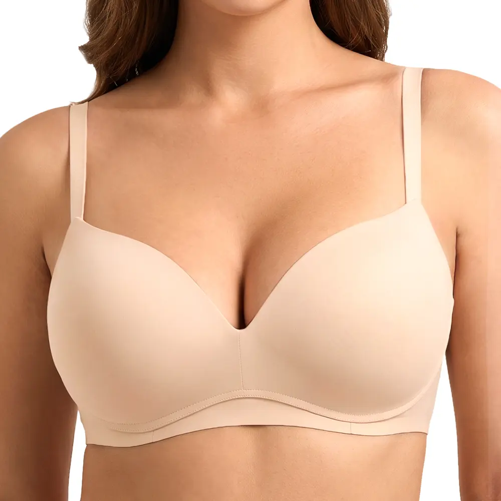 Songful Wireless Push Up Bra Seamless Padded，Plunge Neck, Soft Recycled Fabric, Convertible Straps, Smooth Back