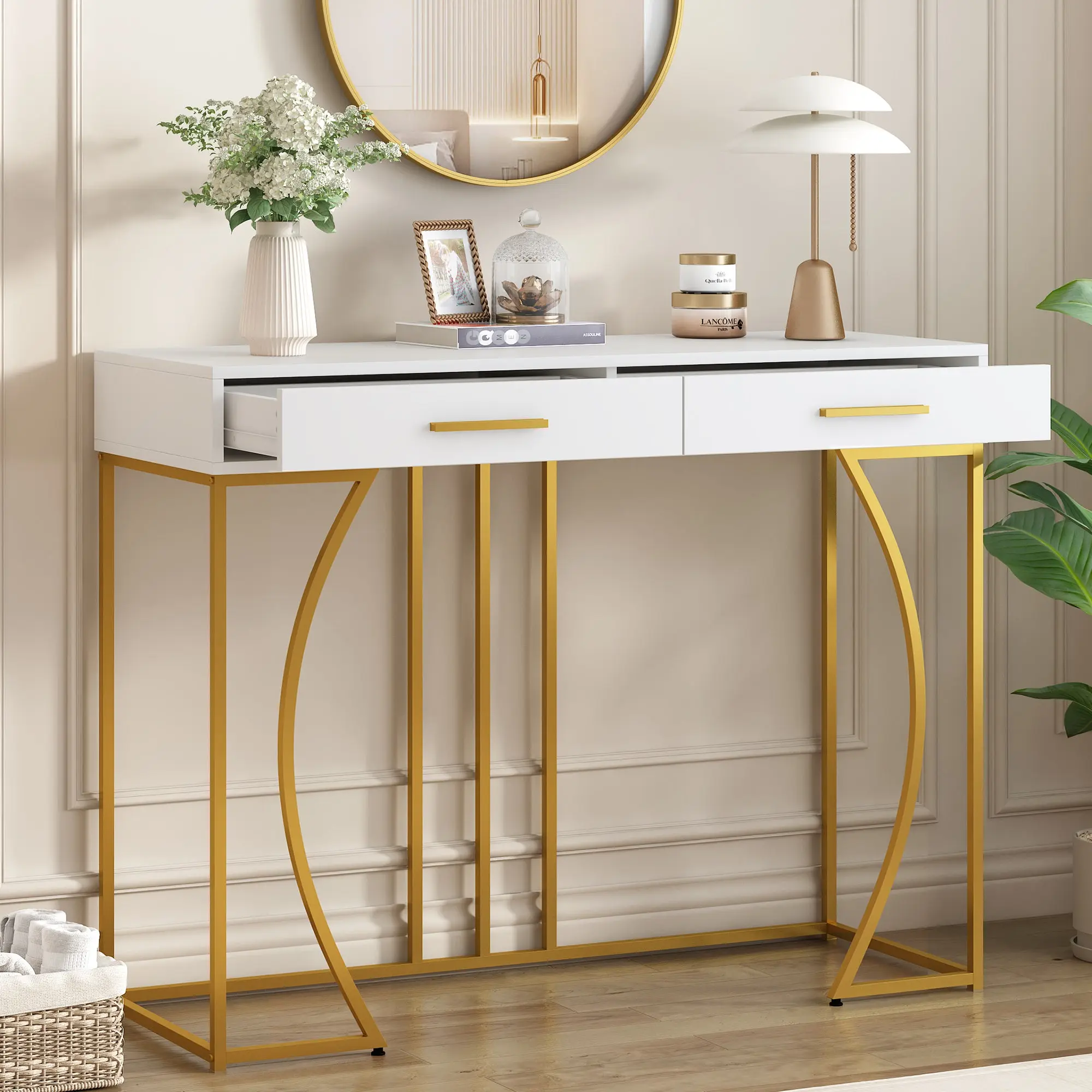Console Table, Hallway Table With 2 Drawers, Light Luxury Style Side Table, Sofa Table, 110x32x85 Cm, White Gold