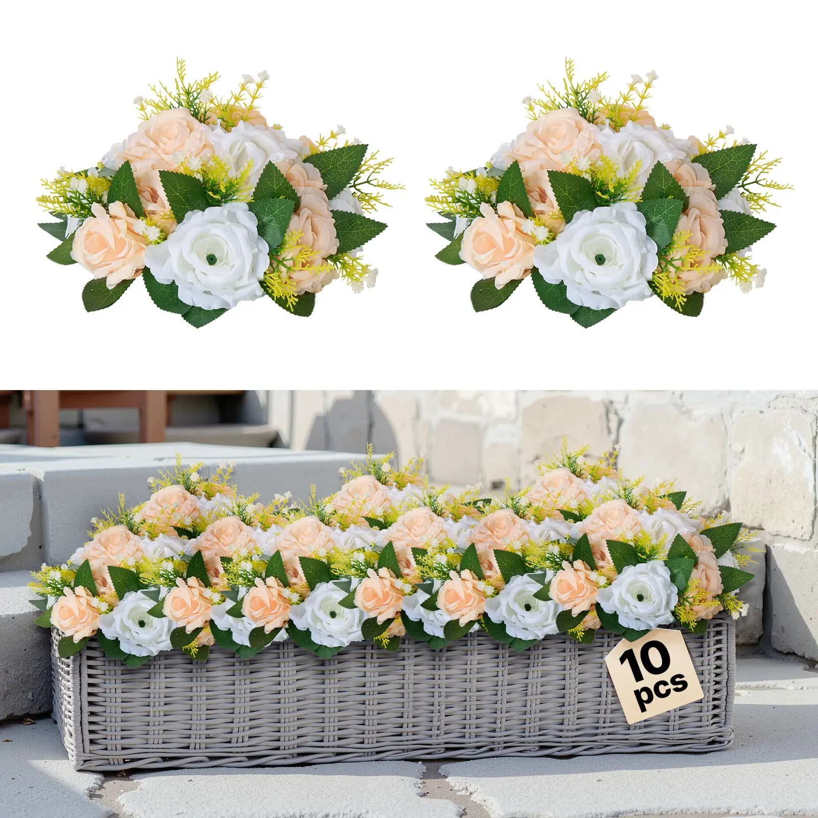 VEVOR Flower Ball Arrangement Bouquet 10 PCS, 9.5-Inch Diameter Artificial Flower Balls Wedding Table Centerpieces, Rose Arrangements for Wedding Centerpiece Home Decoration, Champagne White Roses