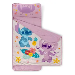Jay Franco Kids Nap Mat with Embedded Pillow & Blanket  Lilo & Stitch Soft 46"x20" Microfiber Sleeping Bag with Name Tag & Handle for School, Travel, Sleepover, Multi
