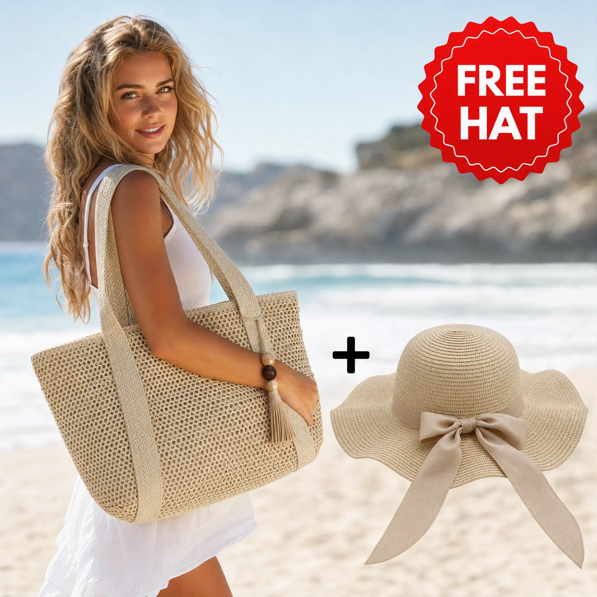 Buy a Bag, Get a Hat FREE! Women’s Handmade Straw Tote Bag + Foldable Sun Hat Set, Large Capacity Handwoven Beach Bag for Summer Vacation