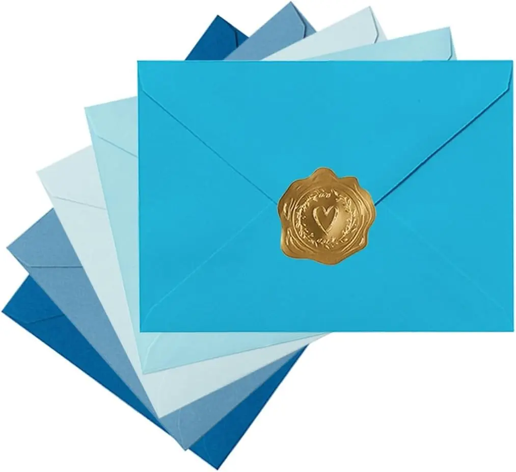 50 Pack Colored A6 Invitation Envelopes 4x6 Blue, 6 1/2 x 4 3/4 in | 5 Colors Envelopes with Gold Stickers For Cards and Invitations