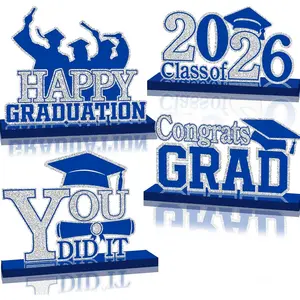 4 count Graduation Decorations Class of 2026  Table Centerpieces Congrats Grad Wooden Sign Graduation Table Toppers Congratulate Tiered Tray Decor for 2026 Graduation Party (Blue-)