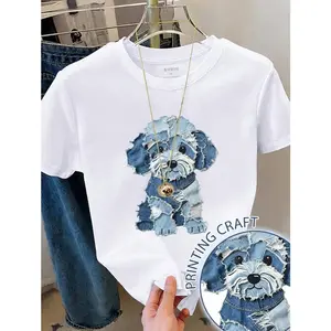 Cute Denim Patchwork Puppy Graphic Tee Women Casual Short Sleeve Crewneck T Shirt Soft Breathable Loose Fit Summer Outfit Streetwear Trendy Top