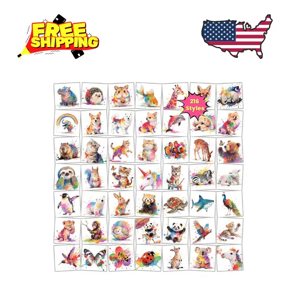 216 PCS Watercolor Animals Temporary Tattoo Set (36 Sheets)