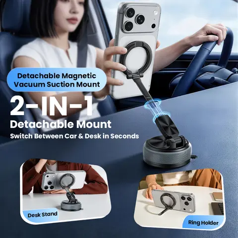 [High Quality] NEW 2-IN-1 Magnetic Car Phone Holder Detachable Mount Suitable For Various Surfaces Leather Plastic And Smooth Materials Super Strong Vacuum Suction Cup 360 Rotation One Click Locking Compatible With Iphone And Android Smartphones Magsafe