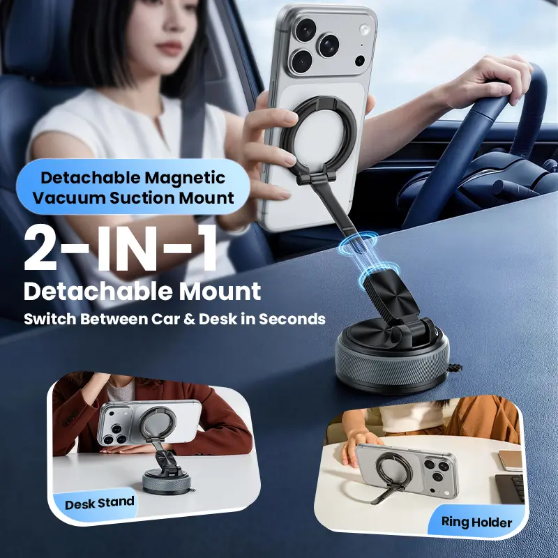 [High Quality] NEW 2-IN-1 Magnetic Car Phone Holder Detachable Mount Suitable For Various Surfaces Leather Plastic And Smooth Materials Super Strong Vacuum Suction Cup 360 Rotation One Click Locking Compatible With Iphone And Android Smartphones Magsafe