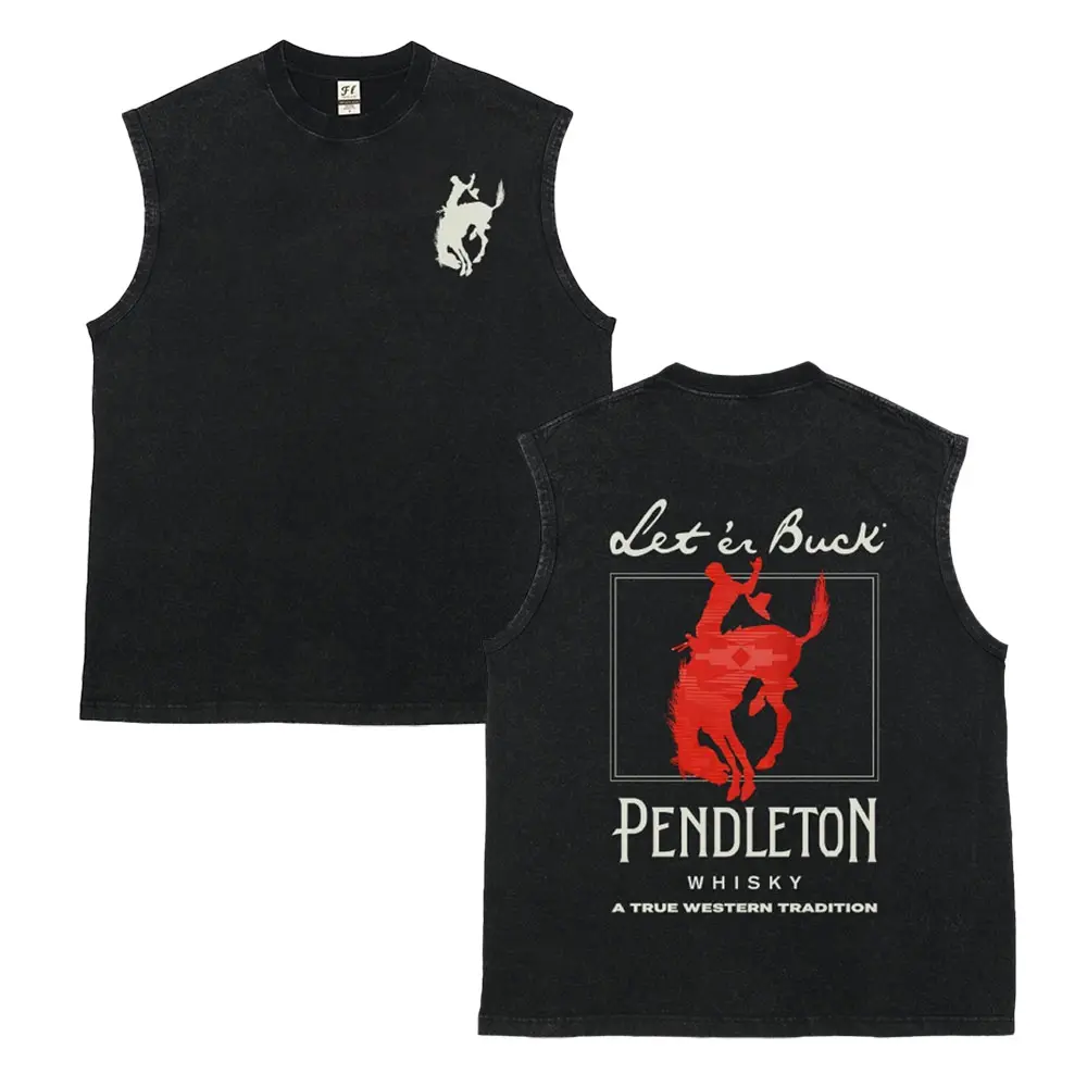 Men's Vintage Graphic Tank Top with "Let 'er Buck" Western Cowboy Print, 100% Cotton Distressed Fabric, Loose Fit for Casual Streetwear, Menswear