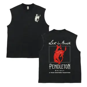 UnisexVintage Cowboy Riding Horse Graphic Washed Vest, “Let ’er Buck” Western Style Short Sleeve  Vest，Retro Print Sleeveless  Vest, Perfect Boyfriend Gift