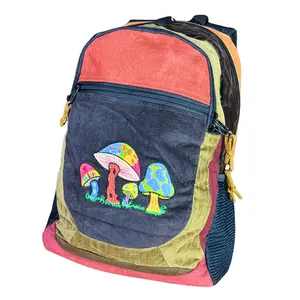 Medium Corduroy Mushroom Embroidery Sport Pack in Ixchel Colors Lightweight Denim & Cotton 10.5" x 18" with Inner Liner & Smartphone Pocket