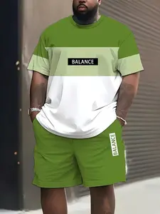 Men's Plus Size Casual Set, Balance Pattern Tee & Short Pants, Loose Fit, All Season Wear, Regular Length