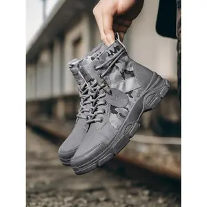 Men's Camo Patchwork Lace-Up Boots, Casual Fashion Boots, Comfortable All-Season Shoes, Trendy Desert Army Style