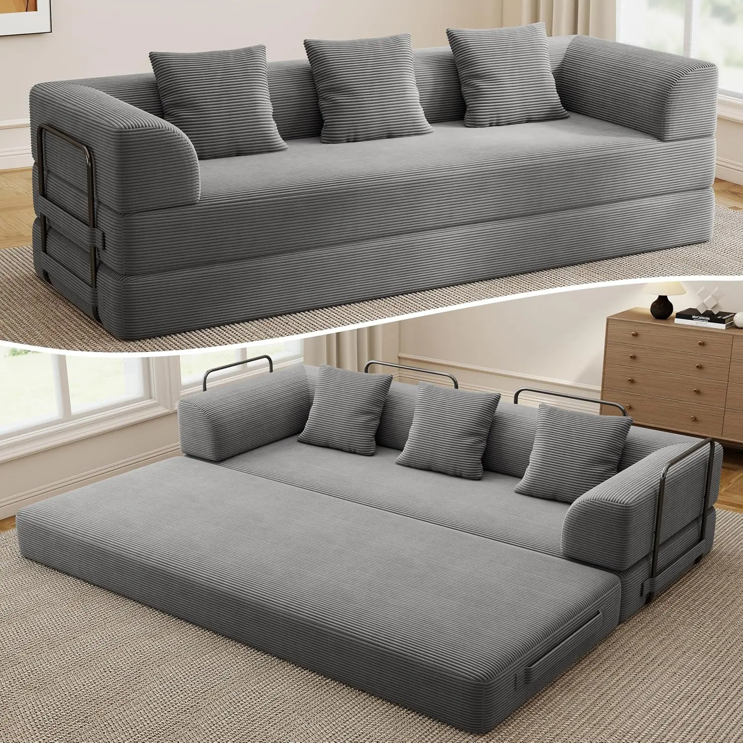 89'' Boneless Cloud Couch, 5-in-1 Convertible Sleeper Sofa Bed, 3 Seater Modular Folding Futon Floor Couch for Small Spaces, Oversized Plush Chaise Lounge Sofa for Living Room Bedroom Apartment, No Assembly