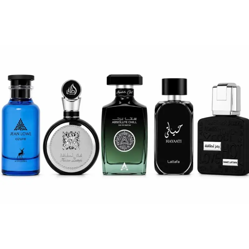 Men’s fragrance high value bundle | Lattafa Fakher Men + Hayaati + Absolute Chill + Jean Lowe Azure + Rams | 3.4 Fl.Oz (100ml)