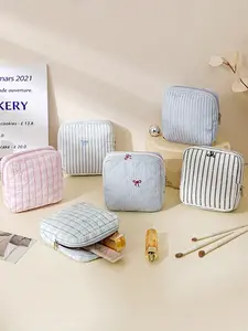 Cute Plaid Pattern Makeup Bag, Embroidered Butterfly Knot Lipstick Pouch, Portable Handheld Cosmetic Organizer, Birthday Gift for Girls, Makeup Storage Organizer