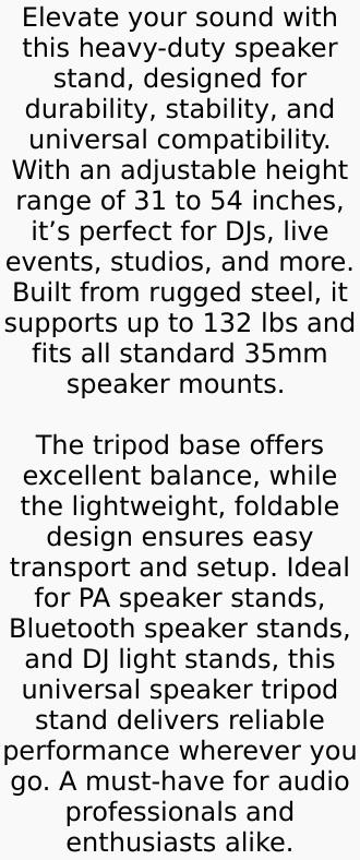 5 Core Speaker Stand Tripod Pair Heavy Duty Adjustable 54" Universal Mount for PA DJ Studio w Bag 5 Core Speaker Stand Tripod Pair Heavy Duty Adjustable 54" Universal Mount for PA DJ Studio w Bag