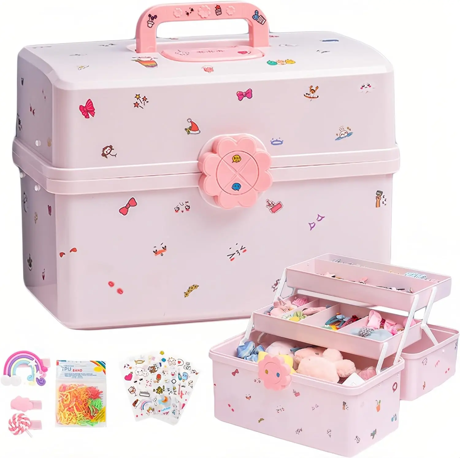 Hair Accessories Organizer for Girls Headbands Clips Lockable Three-layer Folding Craft Organizers and Storage Plastic Jewelry Box( 13.39 x 9.09 x 7.48 inch pink)
