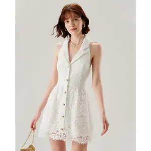 Rihoas Women's Waisted Solid White Polyester Fabric Sleeveless Backless Mini Dress - Lace-Collared, Elegant Formal Feminine Chic Casual Wear for Bridal Day Occasions