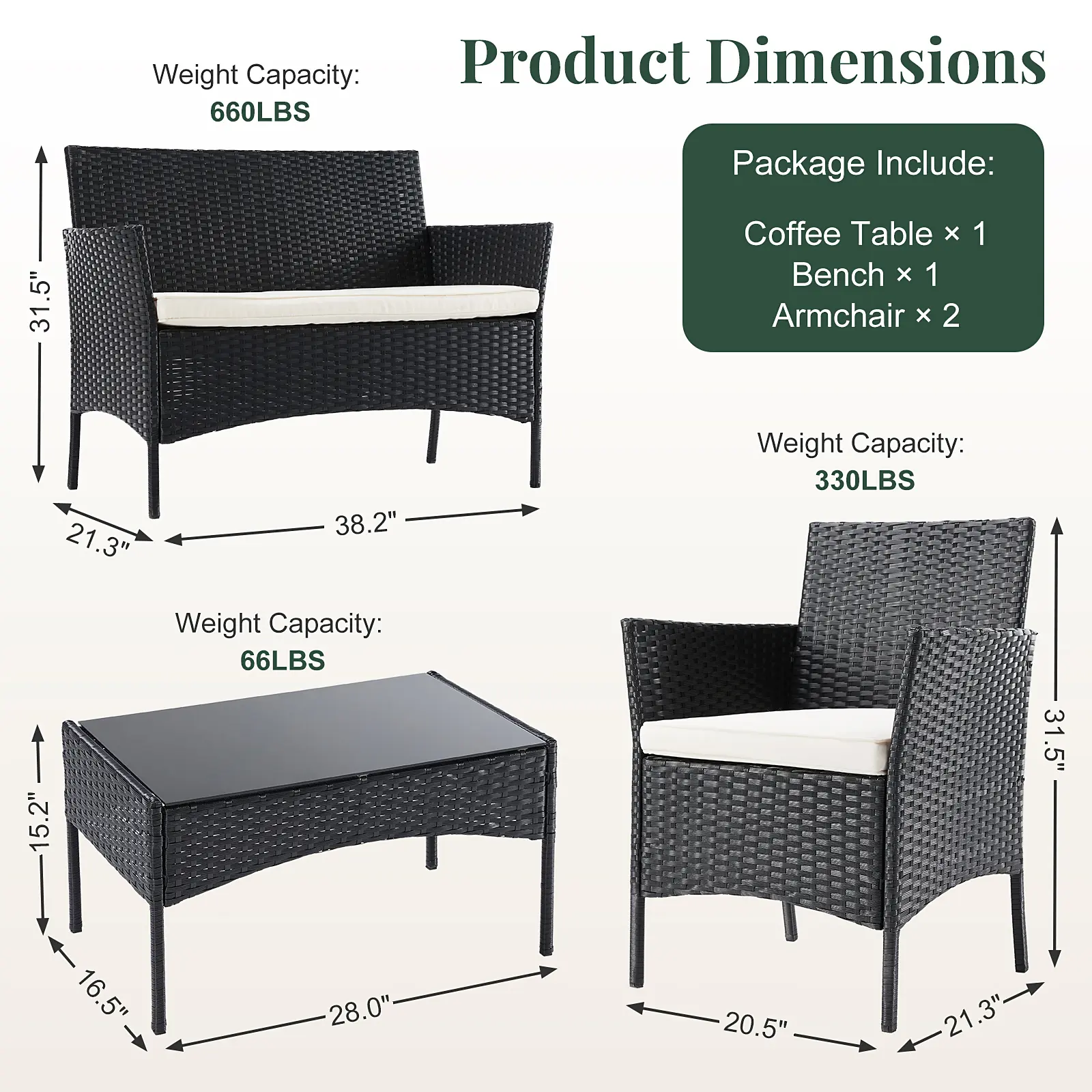 Black - 4 Piece - 2 Single Chairs + 1 Double Chair + 1 Large Table