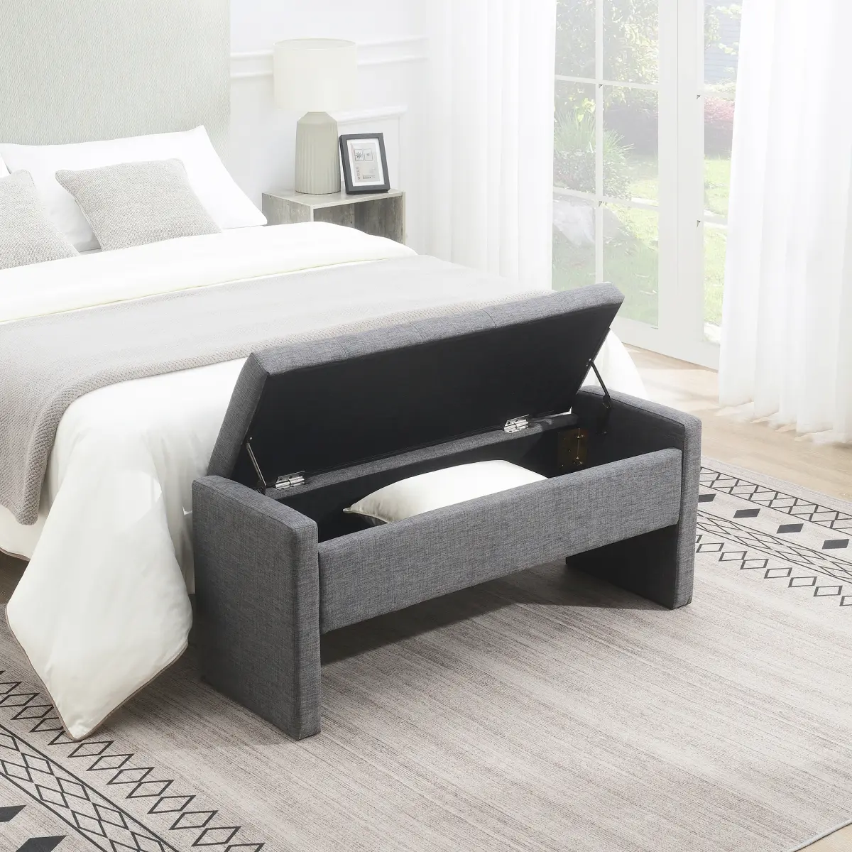 Modern Linen Upholstered Bed End Bench with Built-in Storage - Large Footrest, Dorm Bedroom Vanity Stool, Coffee Table Stool, Comfy Touch Fabric, 28.70 lbs, 47.25w x15.75d x18.5h, Breathable Seating, Assembly Required