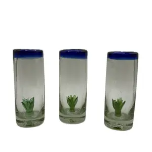 Mexican Glass Shot Glass with Agave Drinkware - Set of Three Clear Glasses with Blue Rim and Agave Decor