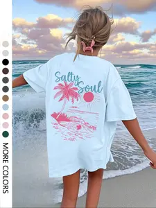 Women's Palm Tree & Sun Print Round Neck Tee, Casual Oversize Short Sleeve Crew Neck T-shirt for Summer, Fashion Women's Top for Beach Vacation, Womenswear