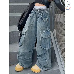 ERT-Girls' Trendy Wide-Leg Cargo Jeans - Loose Fit, Cotton Blend Denim Pants for Spring/Fall