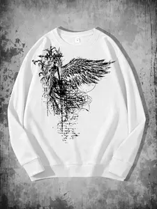 Men's Gothic Angel Print Round Neck Sweatshirt, Street Casual Style Fitted Pullover, Geometric Pattern, Spring & Fall Fashion