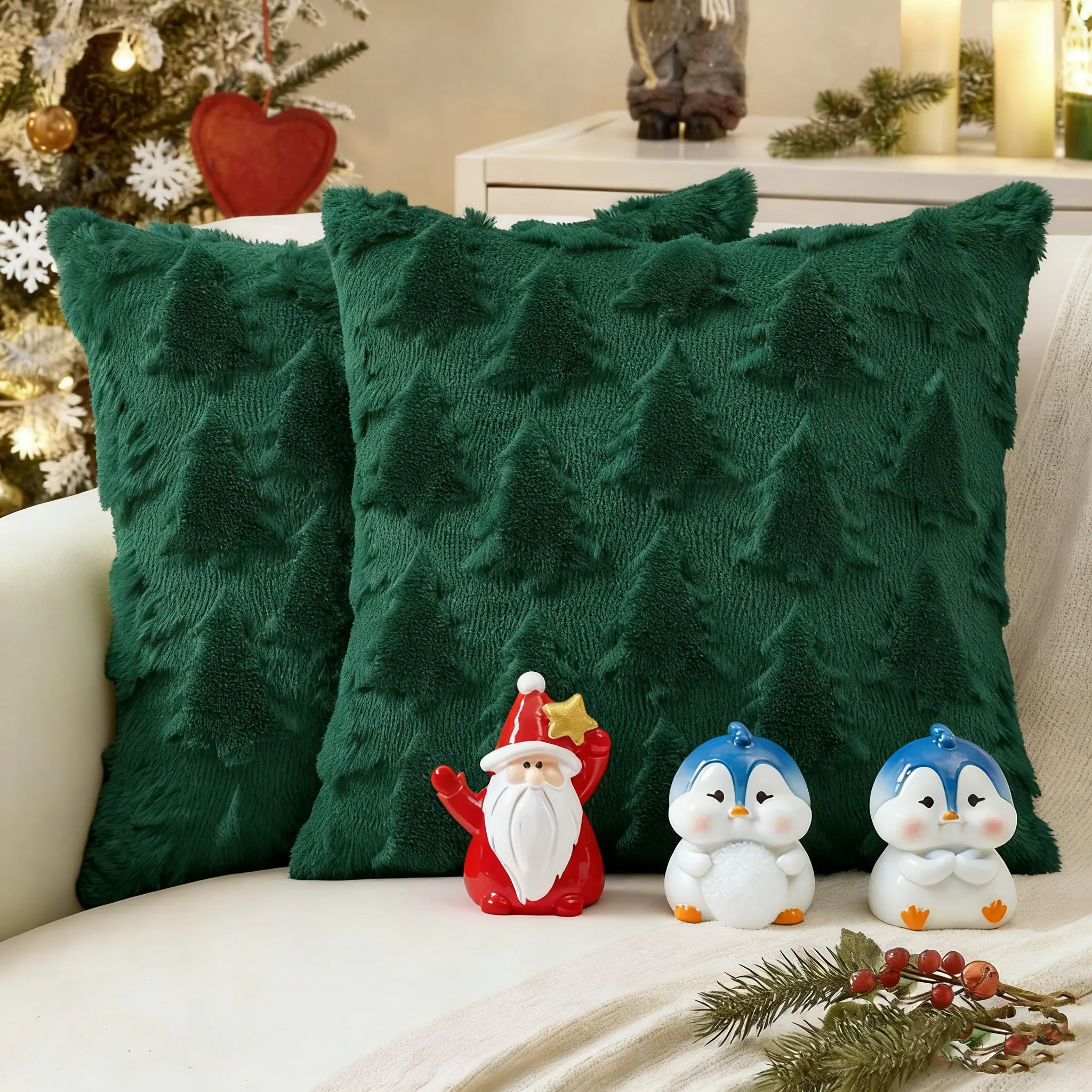18x18 in Faux Fur (Faux Wool) Cushion Cases Set of 2, Green & Red Christmas-Themed Decorative Accessories with Cozy Texture & Plush Finish, Easy-to-Use Sofa & Bedroom Decor