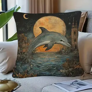 Halloween Dolphin Decorative Pillow with Traditional Style Print Design, Zipper Closure, Suitable for Seasonal Home Decor in Living Rooms, Bedrooms, and Offices, Dolphin Theme Home Decor with Moonlit Night Pattern Decorative Pillow