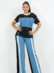 Casual Evening Two-pieces Lace And Denim Pants Set with Stylish Stripes and Comfortable Fit