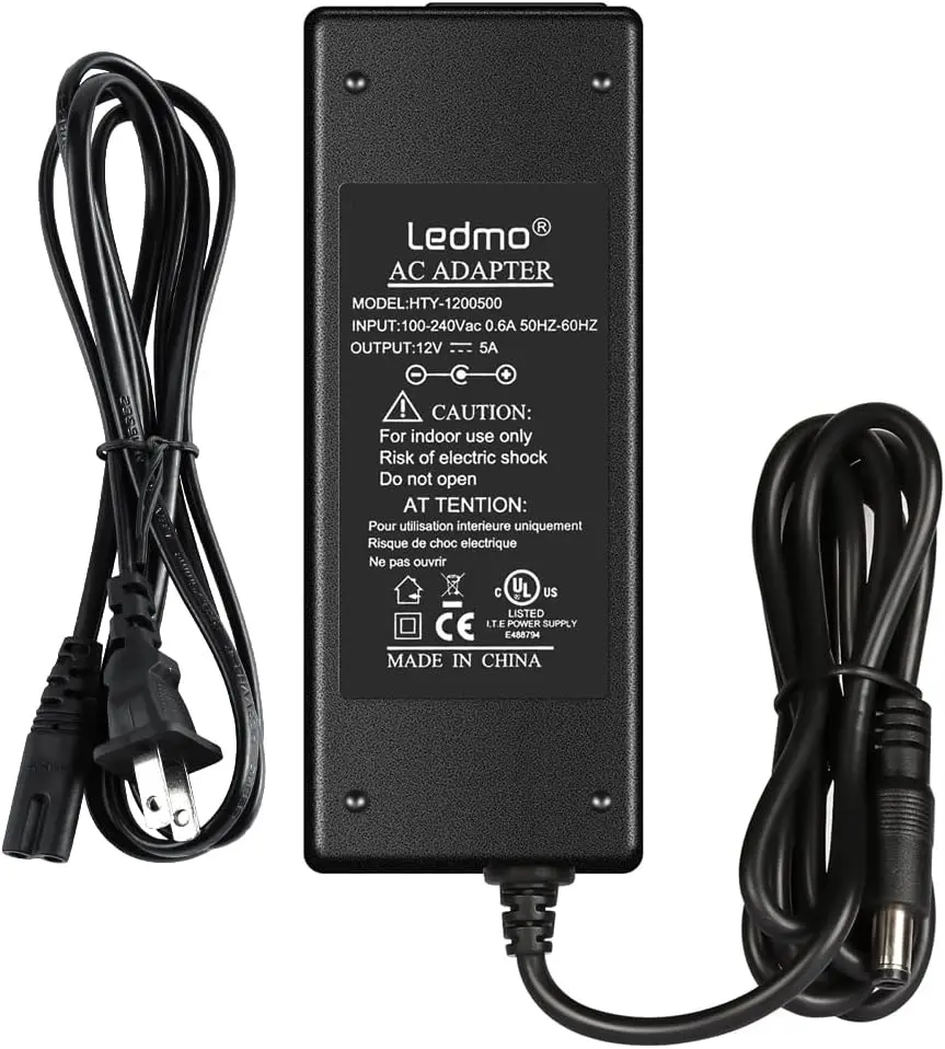 12V 5A 60W Max Overload Safe LED Power Supply Transformer, AC 100-240V to DC 12V Stable Output Driver with 2-Pin, USB Type A, DC Barrel Connectors & High-Quality Copper Cable for LED Strip Lights (Home Improvement Lighting Accessory)