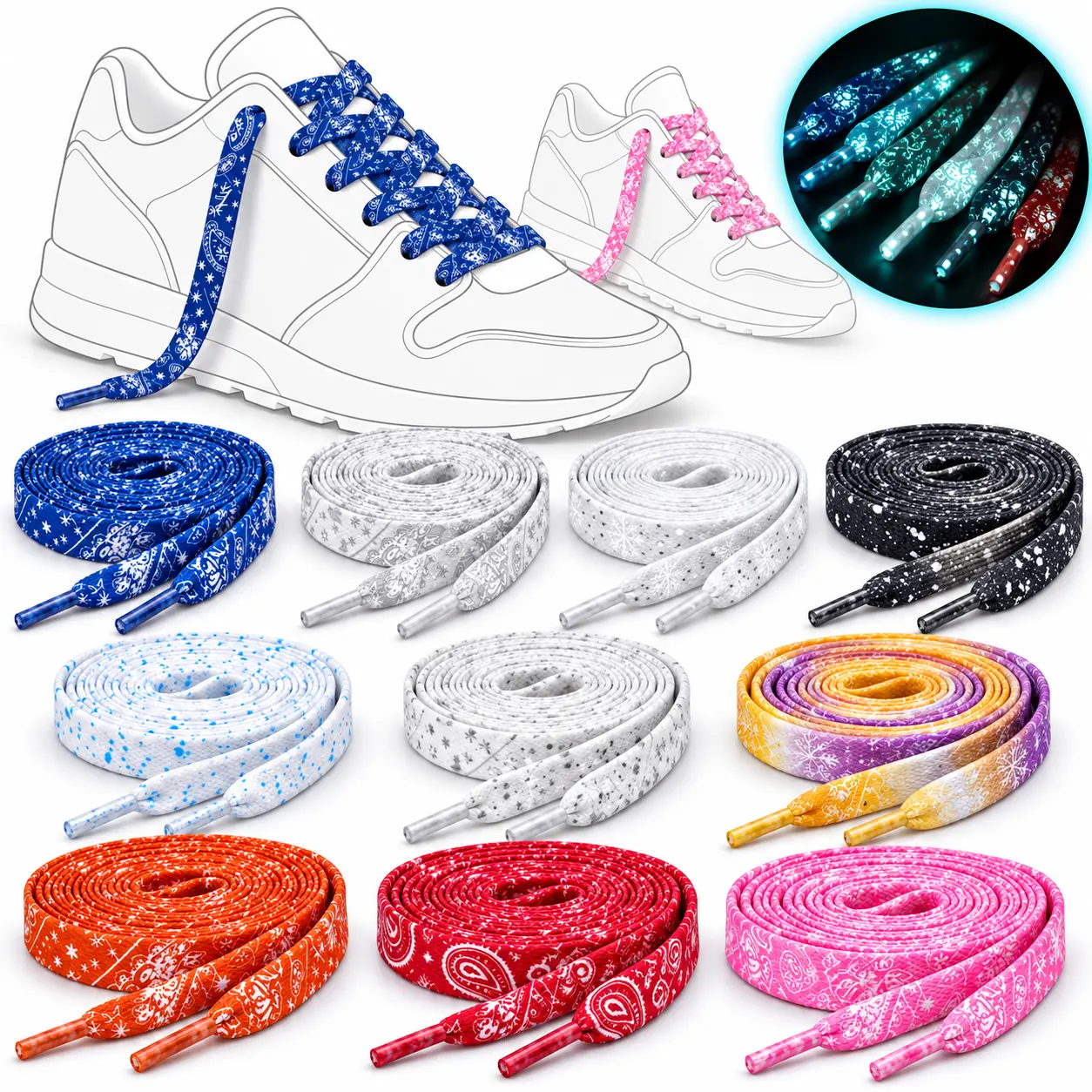 Rainbow Holographic Sneaker Replacement Shoelaces, White-Blue Patterned Shoe Accessories