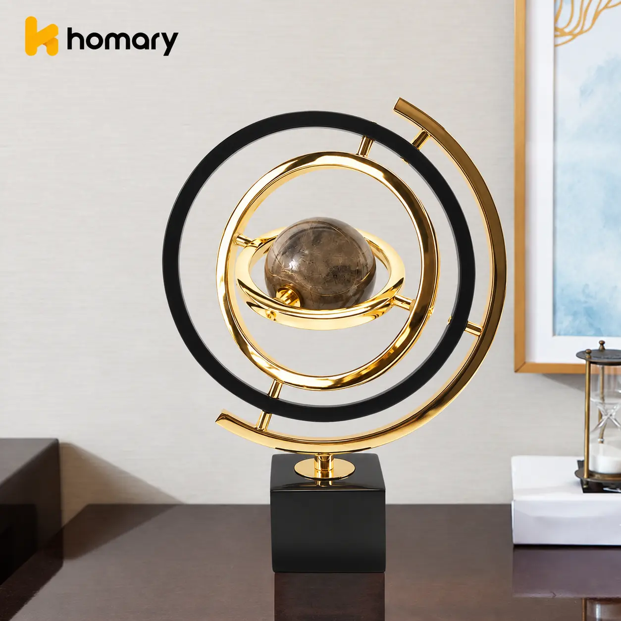 Homary Modern Abstract Geometric Black-Gold Metal Globe Sculpture - Round 8.7"w x 3.1"d x 13.4"h Metallic Statement Piece with Rectangle Stand, Desk & Living Room Table Indoor House Home Decor Accent, Ideal Gift