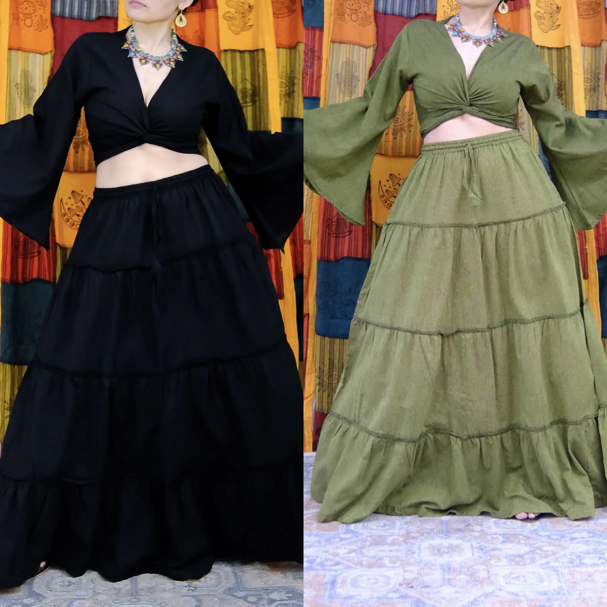 Flowy Skirt Set with Flare Sleeve Top, Boho Tiered Cotton Skirt, Bohemian  Hippie Summer Outfit, Long