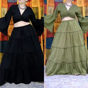 Flowy Skirt Set with Flare Sleeve Top, Boho Tiered Cotton Skirt, Bohemian Hippie Summer Outfit, Long Maxi Solid Skirt, Two Piece Set, Retro Fashion, Whimsical Outfit, Festival Fashion, Gothic Colors, Spring, Fall, Summer Skirts, Free Spirit Style