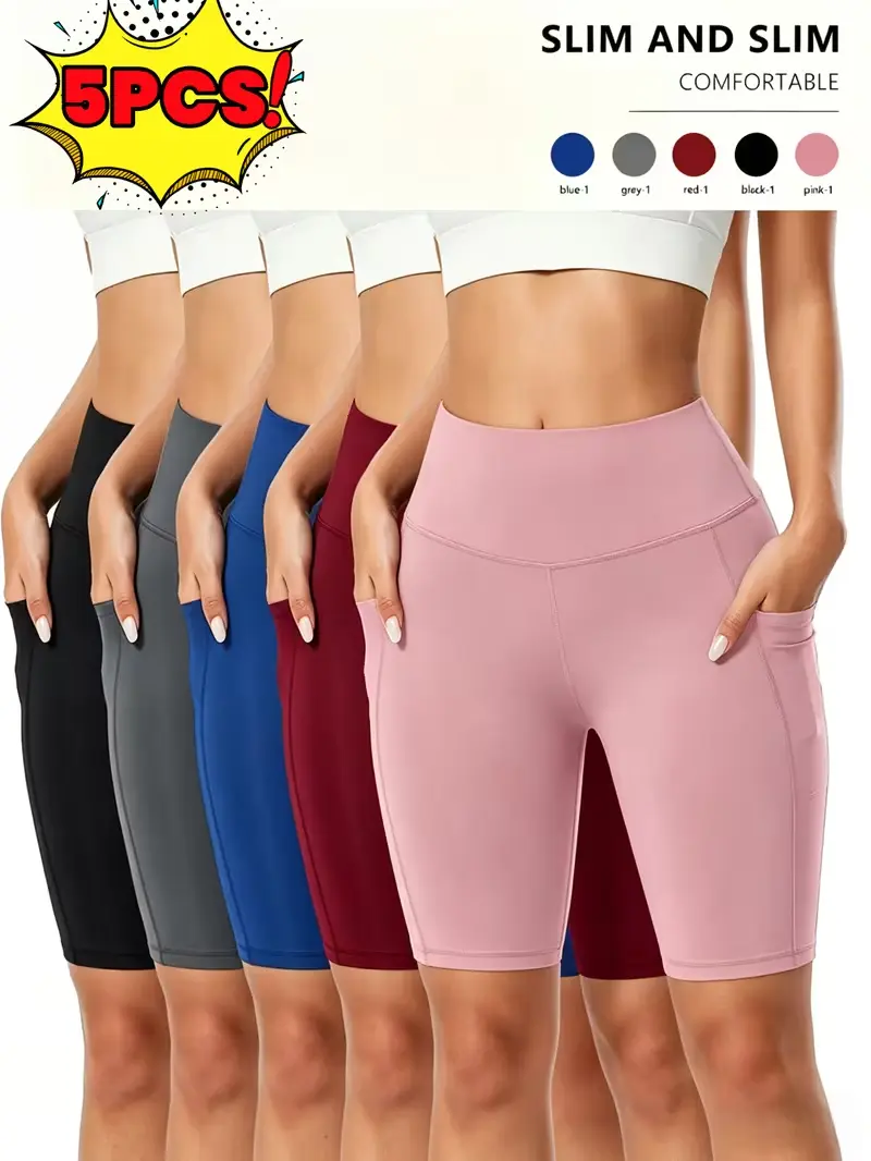 Women's Solid High-Waist Knee-Length Biker Shorts - Stretchy Tummy Control, Soft Breathable, Sporty with Phone Pocket for Yoga, Running