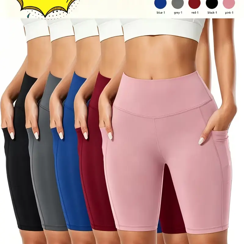Women's Solid High-Waist Knee-Length Biker Shorts - Stretchy Tummy Control, Soft Breathable, Sporty with Phone Pocket for Yoga, Running