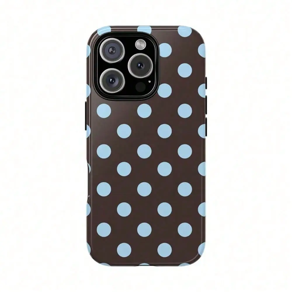 A brown and blue polka dot pattern, double-layer protective, stylish film phone case, suitable for iPhone 11/12/13/14/15/16/17/XR/X/XS/XS Max/7P/8P. This is a perfect Christmas gift for friends, family, or yourself., Cover, Accessories, Cellphone, Handhel