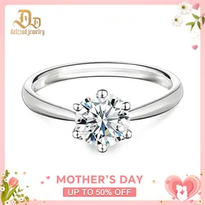 Delzzad 14K Gold-Plated Solitaire Classic Six-Prong Ring Lab-Created Moissanite Engagement Ring Band S925 Sterling Silver Moissanite Jewelry Perfect Christmas Gift