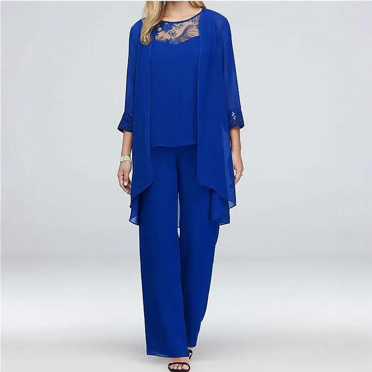 Plus Size Mother of The Bride Pant Suits 3 Piece Chiffon Sets Ruffle Asymmetric Layers Wedding Guest Outfit