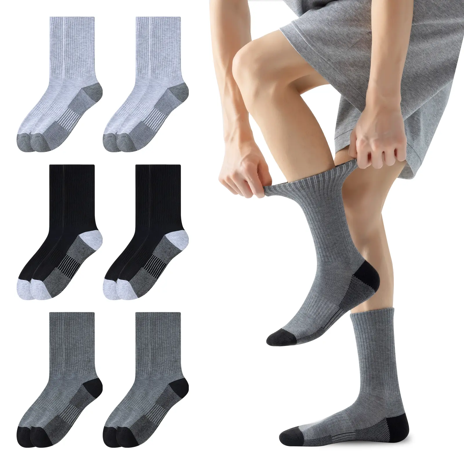 6 pairs of men's mid length socks, thickened sole, elastic closure, durable and long-lasting, breathable and comfortable, designed for hiking and long-term standing work, basketball socks, football socks, birthday gifts, holiday gifts