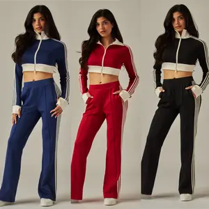 2 Pieces Set - 4 Stripes Track Pants & Two-way Zipper Cropped Track Jacket