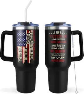 Perfect Christmas 40oz Veteran Tumbler with Handle and Straw Stainless Steel Insulation Matte Powder Coated Veteran Gifts for Men Army Air Force Marine Corps Vietnam Military Retirement Navy Veterans Day