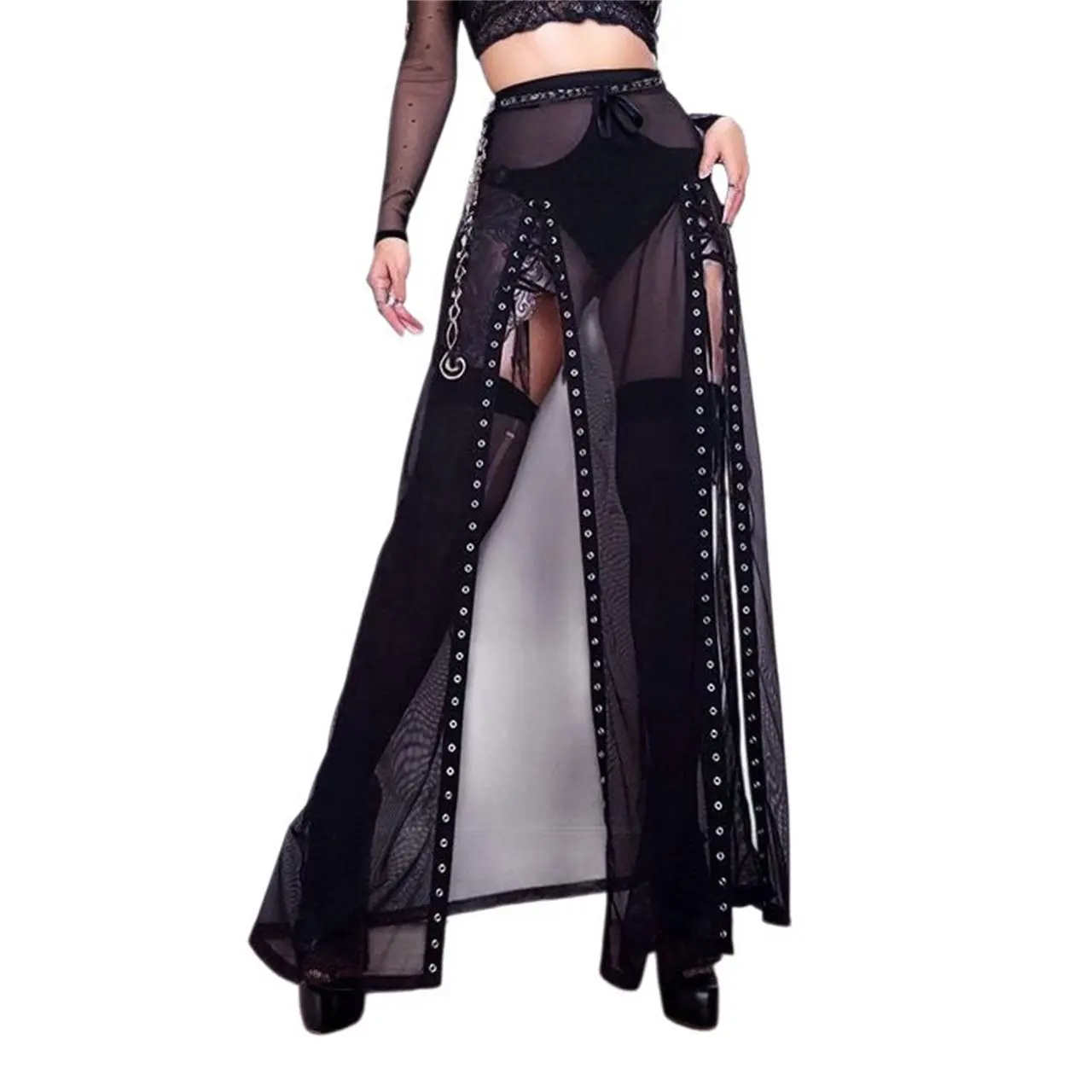 Women's High Waisted Western Long Maxi Skirt - Black Sheer Mesh, Lace-Up, Side Split, 2000s Aesthetic Gothic Punk Wrap Around Skirt for Music Festival, Date Night, High Waisted Skirt, Side Split Skirt