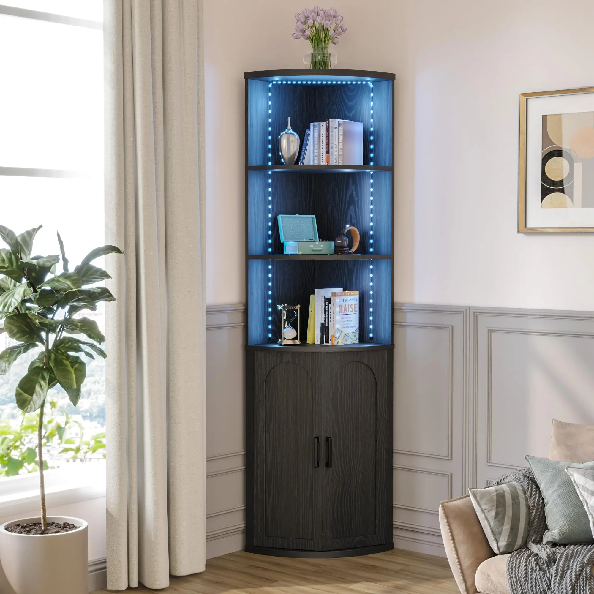 IRONCK Corner Shelf with Doors, Corner Cabinet with LED Light, 5-Tier Storage Cabinet with Doors, Tall Corner Bookshelf for Living Room, Laundry Room,